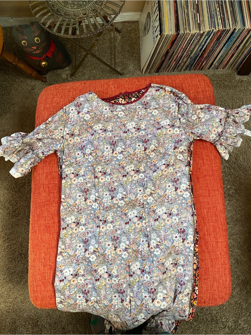 Handmade Cotton Dark Floral Print Ruffle Trim Dress - Picture 12 of 16